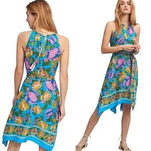 Anthropologie Bright Floral Halter Mini Dress Asymmetrical Hem Cotton Blue Small